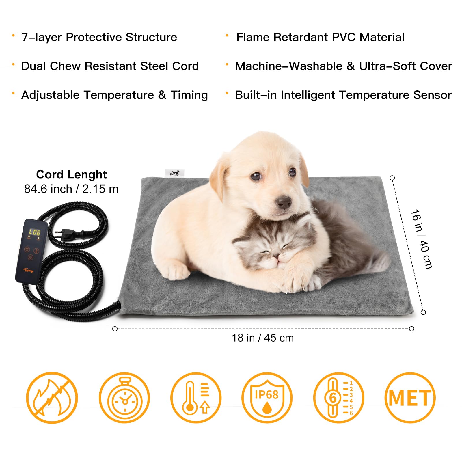 Toozey almohadilla calefactable para perros y gatos con seis ajustes de temperatura.