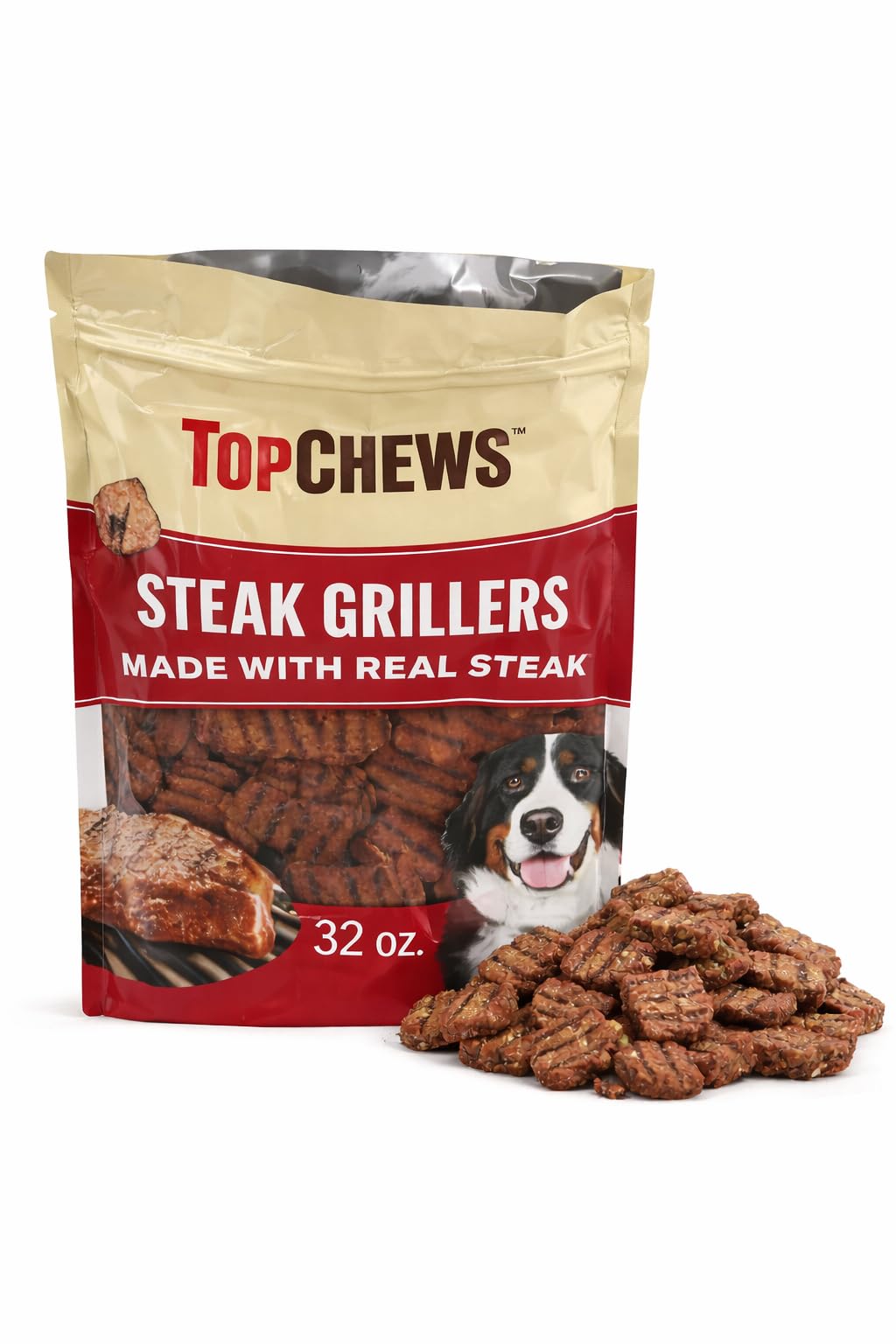 Top Chews Steak Grillers, bote 32 oz para perros, ideal para compartir.