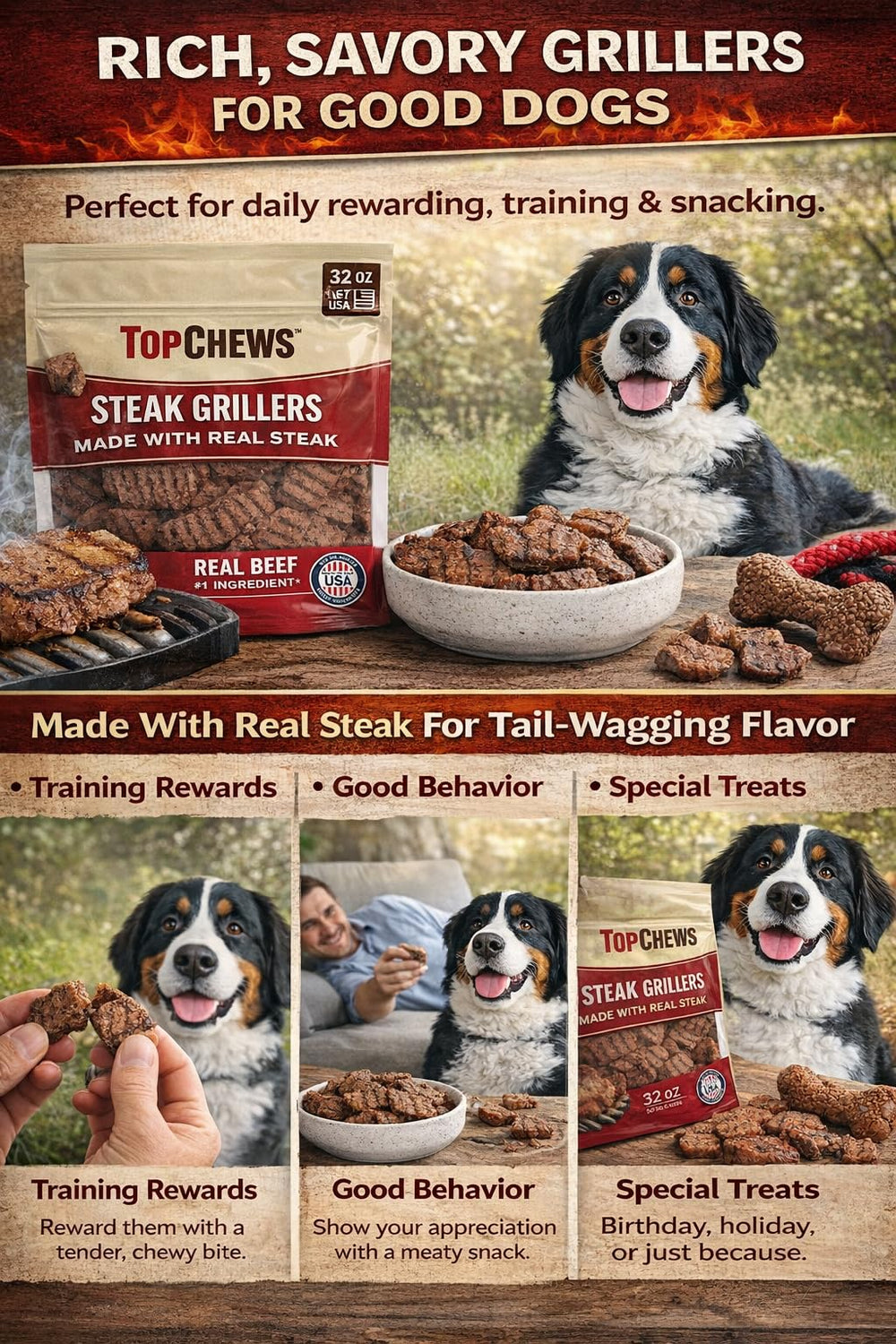 Top Chews Steak Grillers, perfecto para hogares con varios perros.