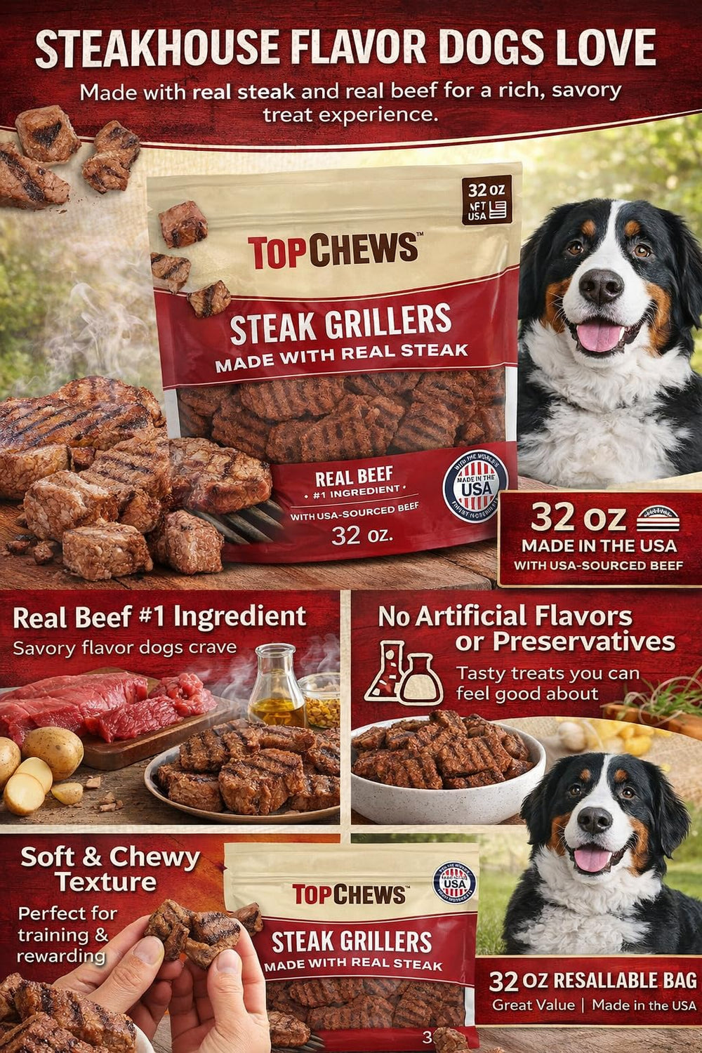 Top Chews Steak Grillers, sin aditivos: opción natural para snack diario.