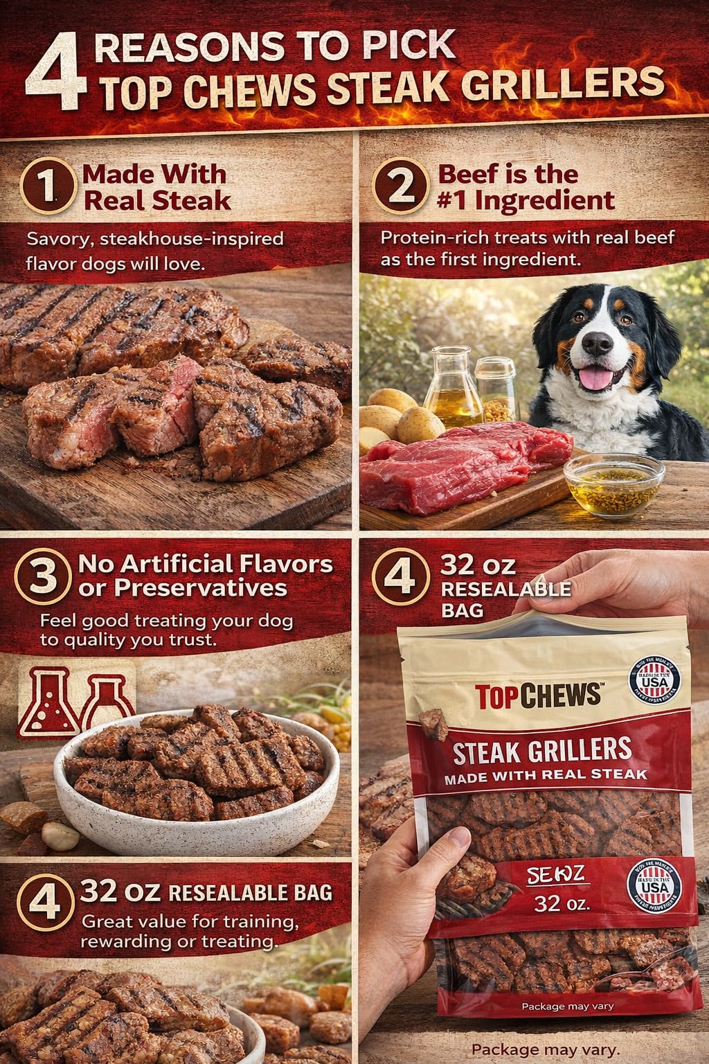 Top Chews Steak Grillers, ternera real, proteína de calidad para perros activos.