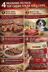 Top Chews Steak Grillers, ternera real, proteína de calidad para perros activos.