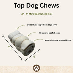 Top Dog Chews rollos de mejilla de res 3 pulgadas, duración para mordedores activos