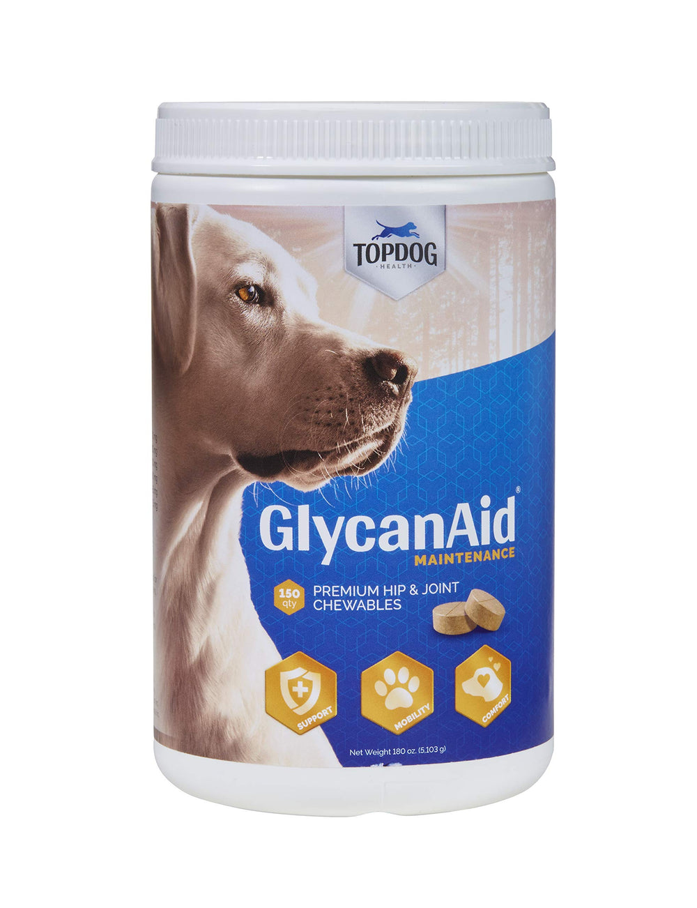 TopDog Health GlycanAid: empaque compacto para dosificación fácil.
