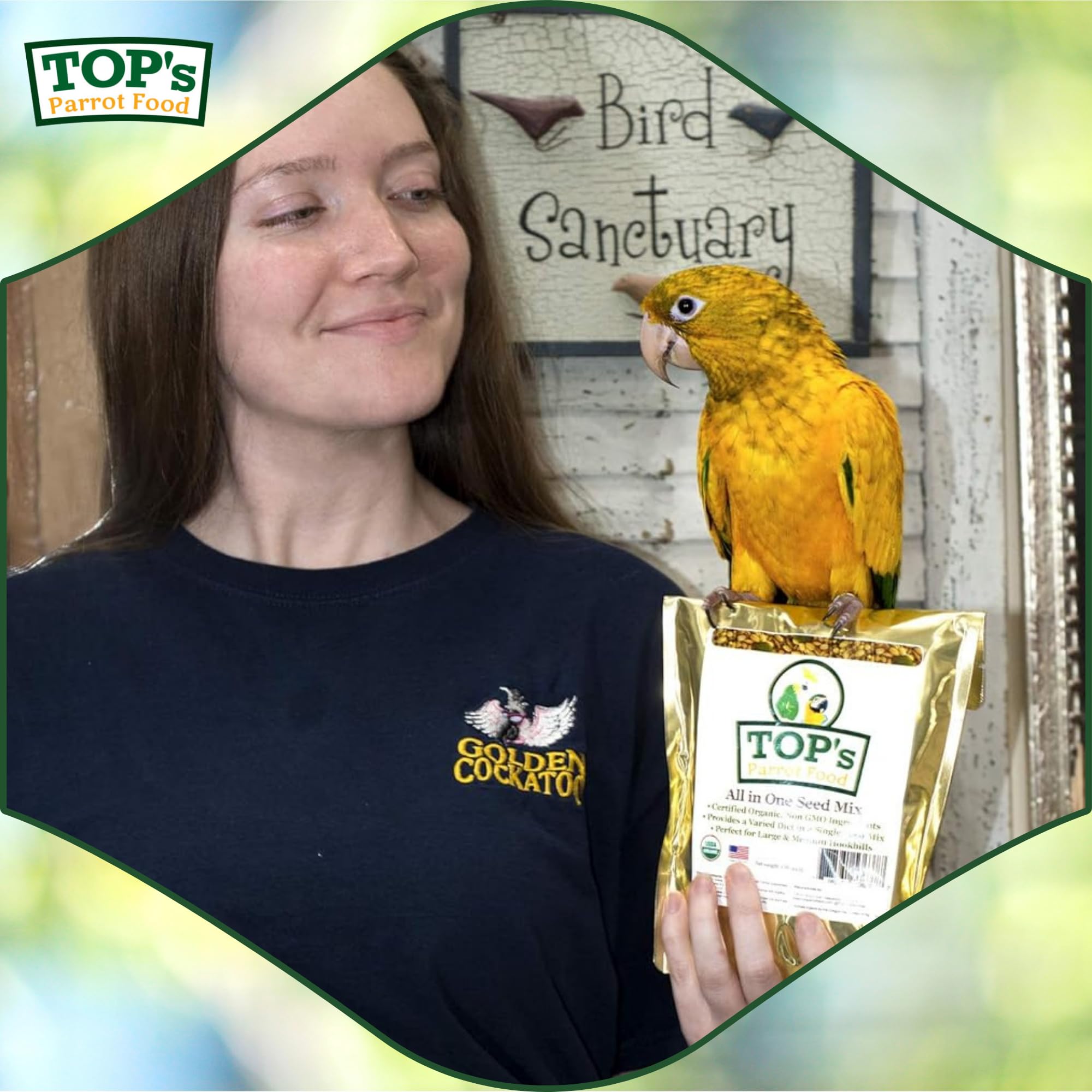 TOP's Parrot Food certificado orgánico USDA para tranquilidad en la dieta de aves.