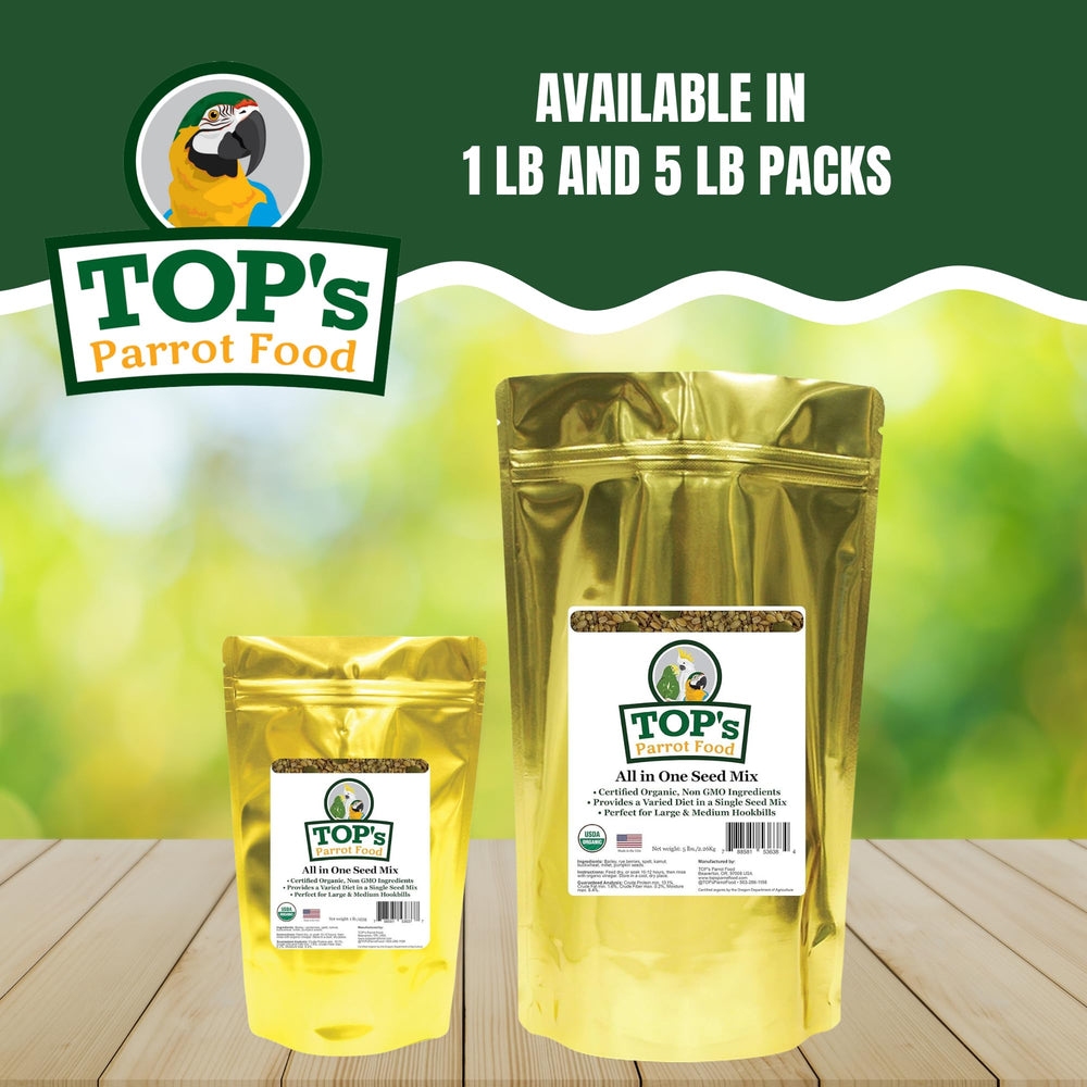 Etiqueta de TOP's Parrot Food muestra ingredientes naturales y certificación orgánica.
