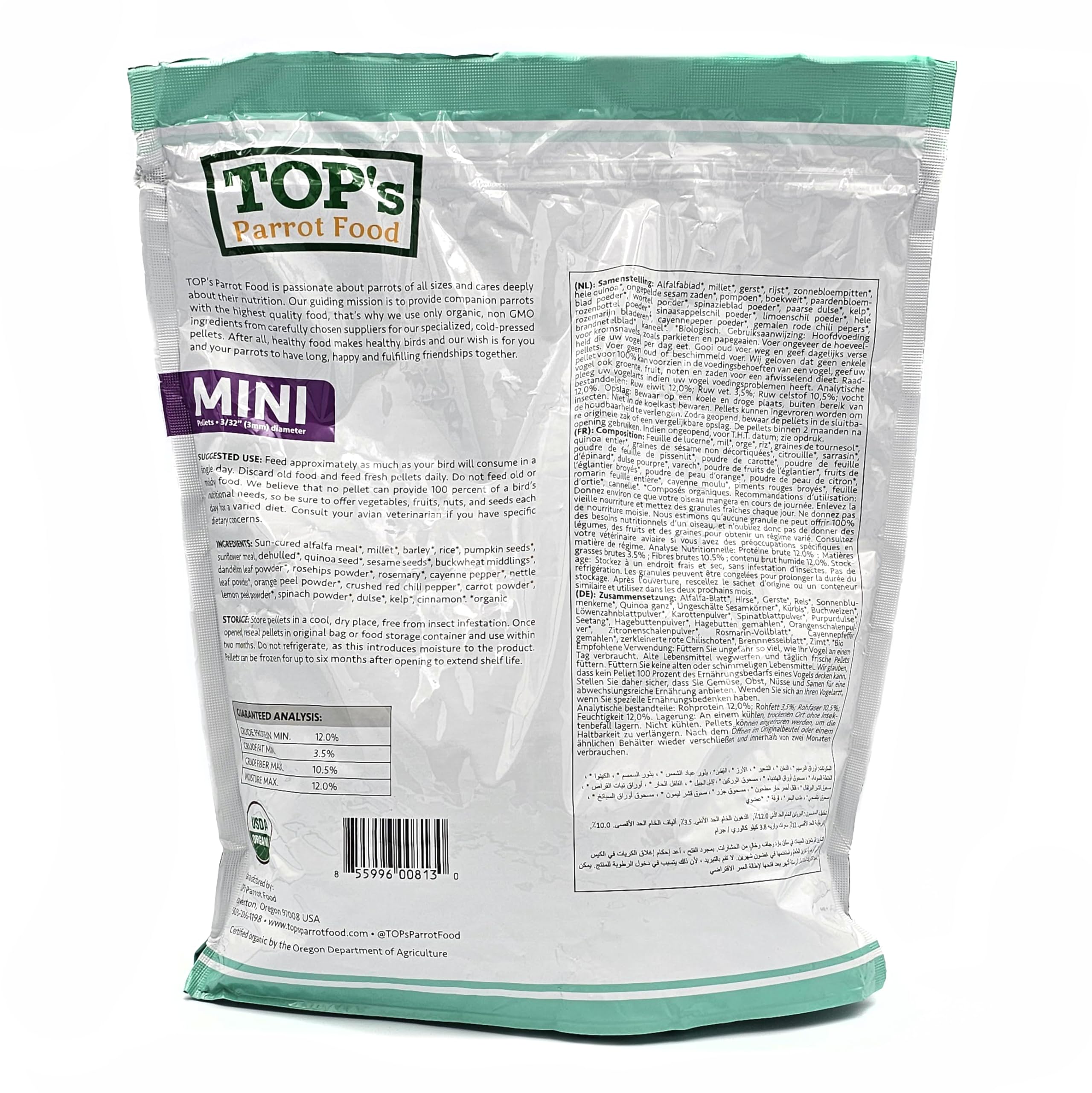 TOP's Parrot Food Mini Granulos diámetro 3-32 pulgadas, tamaño adecuado