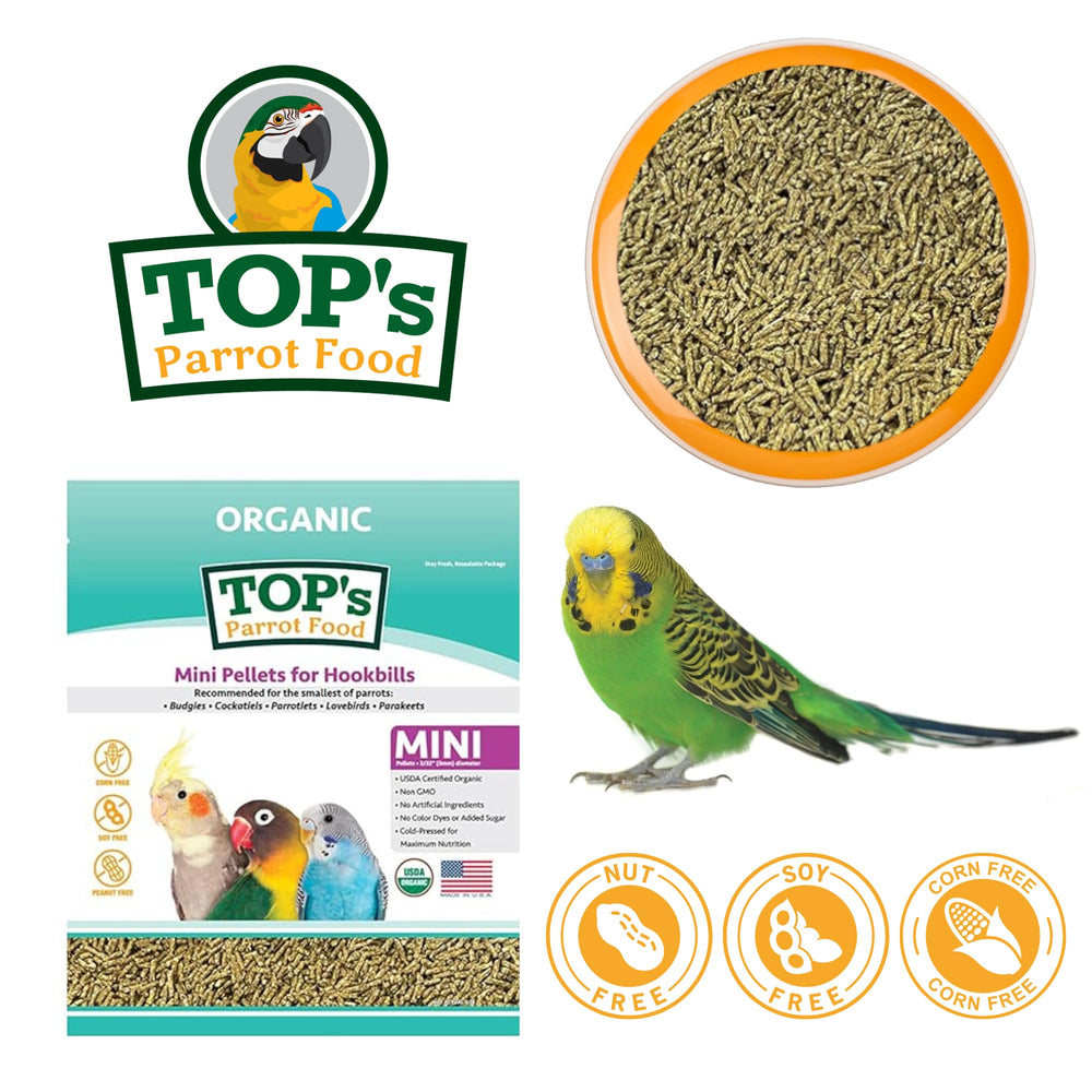 TOP's Parrot Food Mini Pellets: primer plano de gránulos pequeños, fáciles de usar.