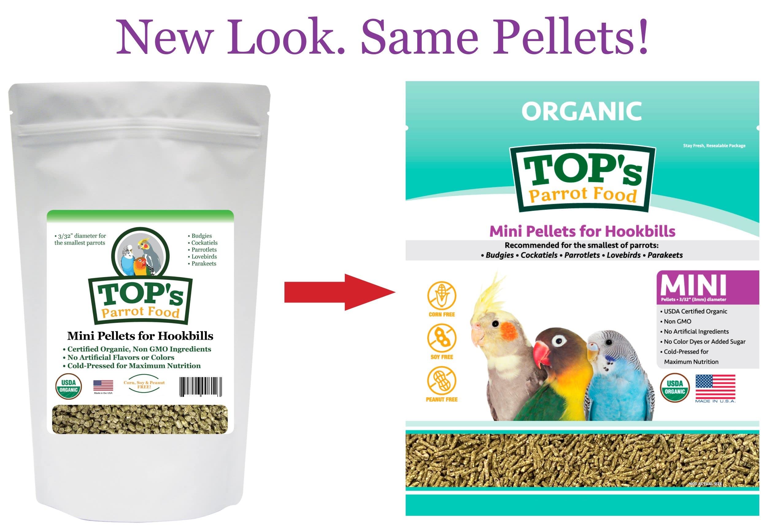 TOP's Parrot Food Mini Pellets: pellets de 3/32 pulgadas, tamaño ideal para loritos.