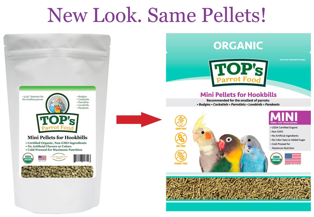 TOP's Parrot Food Mini Pellets: pellets de 3/32 pulgadas, tamaño ideal para loritos.