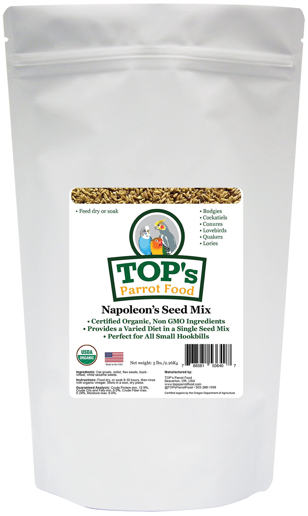 TOP's Napoleon's Seed Mix, bolsa de 5 lb, alimento natural para loros pequeños.