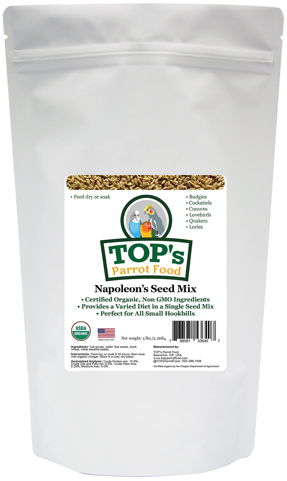 TOP's Napoleon's Seed Mix, bolsa de 5 lb, alimento natural para loros pequeños.