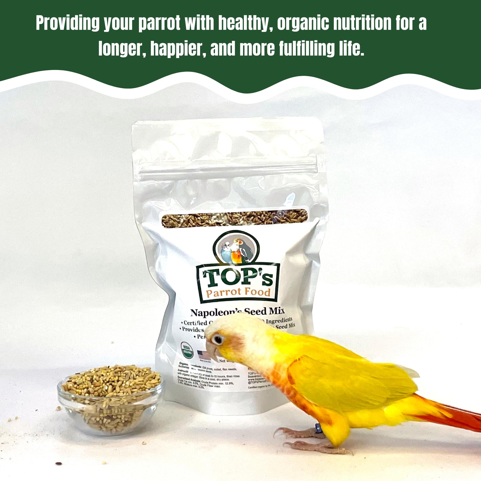 TOP's Napoleon's Seed Mix, mezcla sin maíz ni soya, promueve dieta natural.