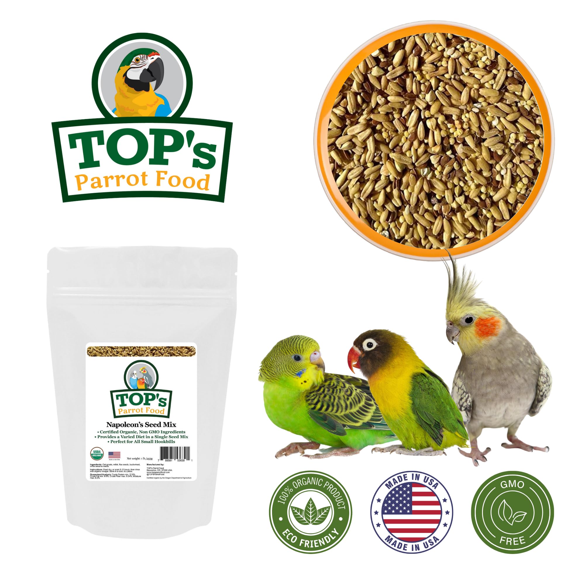 TOP's Napoleon's Seed Mix, imagen de mezcla para loros pequeños y nutrición diaria.