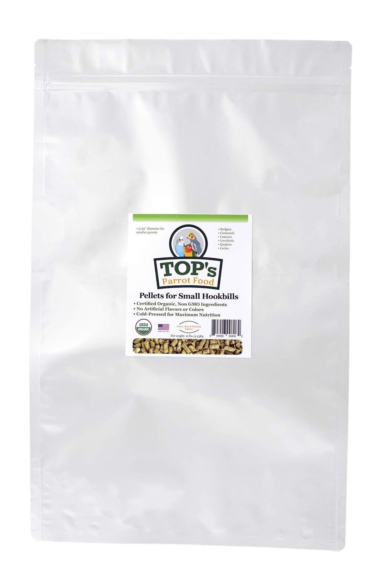 TOP's Parrot Food Pellets para aves pequeñas en envase de 10 lb, ideal para uso diario.