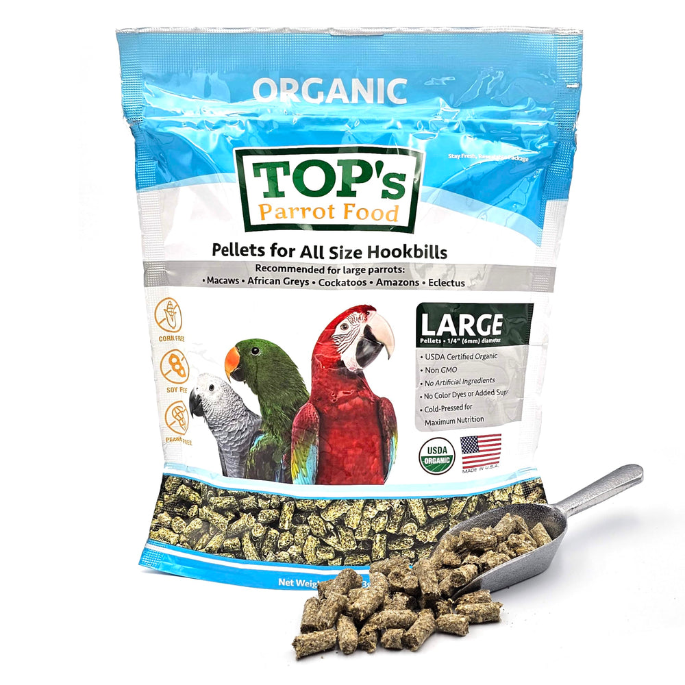 TOP's Parrot Food Pellets envase de 1 lb para dieta balanceada de loros.