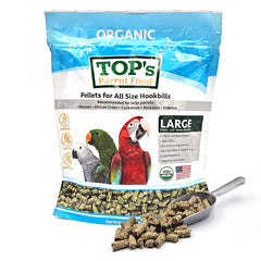 TOP's Parrot Food Pellets envase de 1 lb para dieta balanceada de loros.