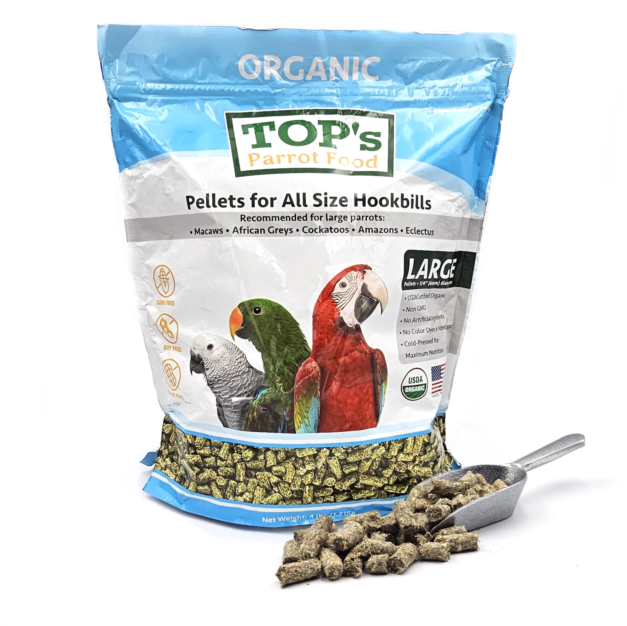 TOP's Parrot Food Pellets Hookbills: envase frontal, alimento completo para loros