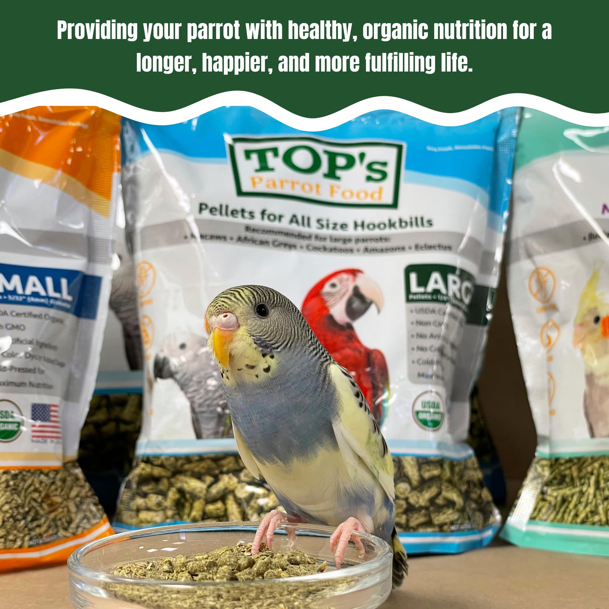 TOP's Pellets orgánico certificado USDA, para loros que buscan nutrición natural.