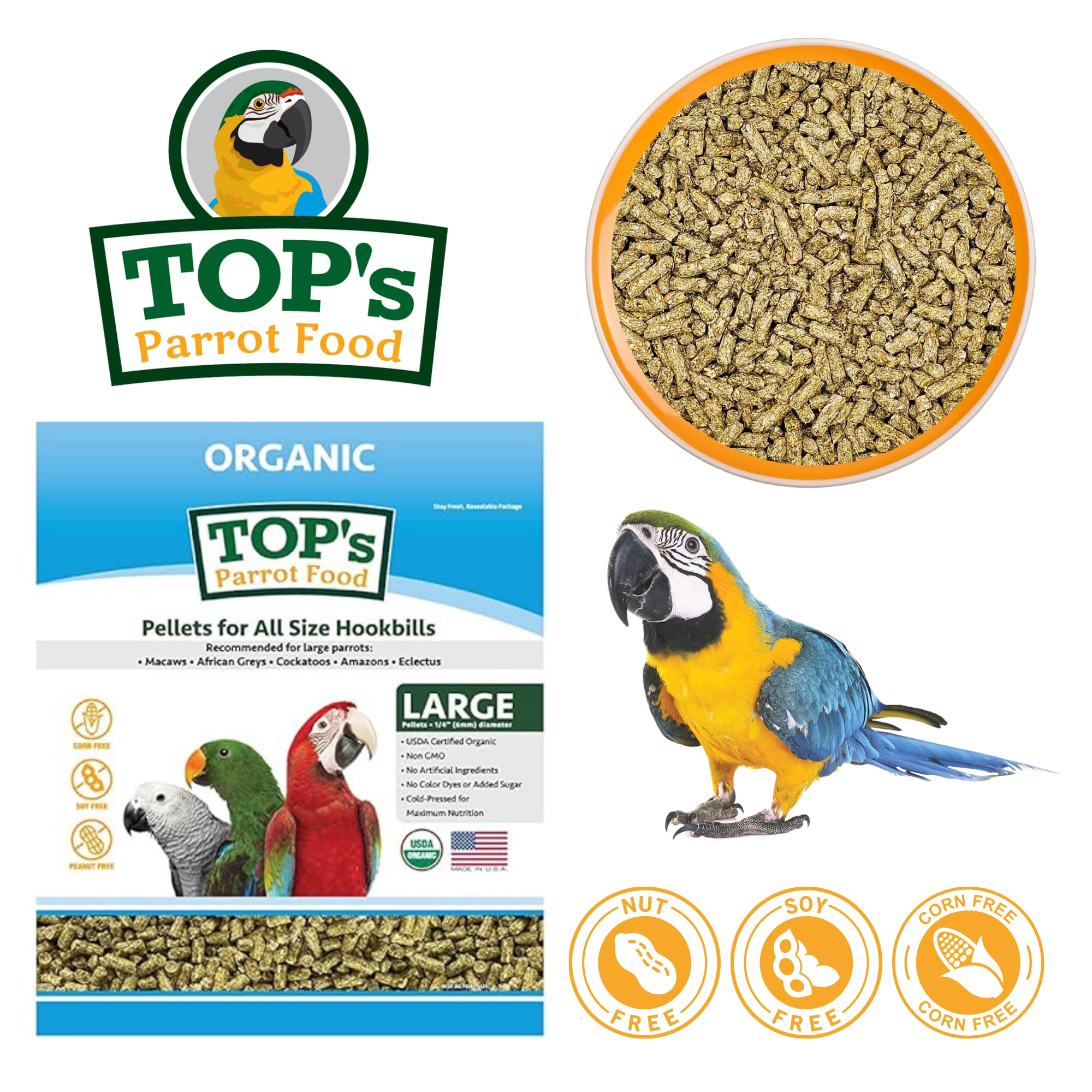 TOP's Parrot Food Pellets Hookbills: pellet de tamaño 1/4 pulgada para reducir desperdicios