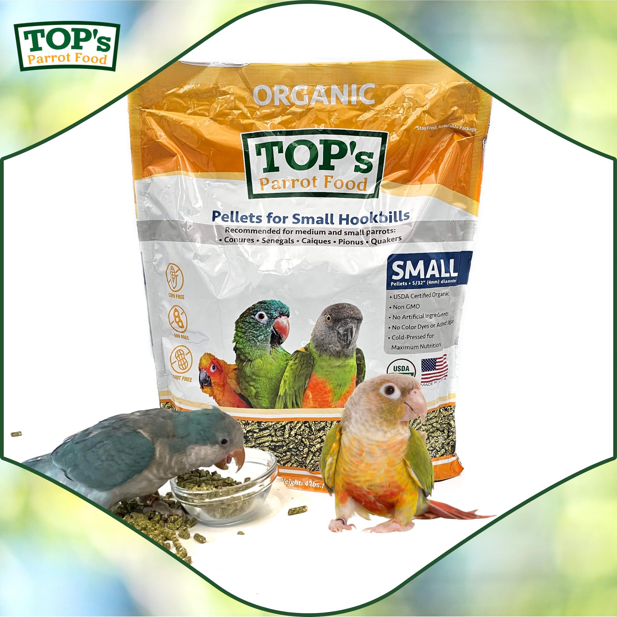 TOP's Parrot Food Pellets sin colorantes ni conservantes artificiales.