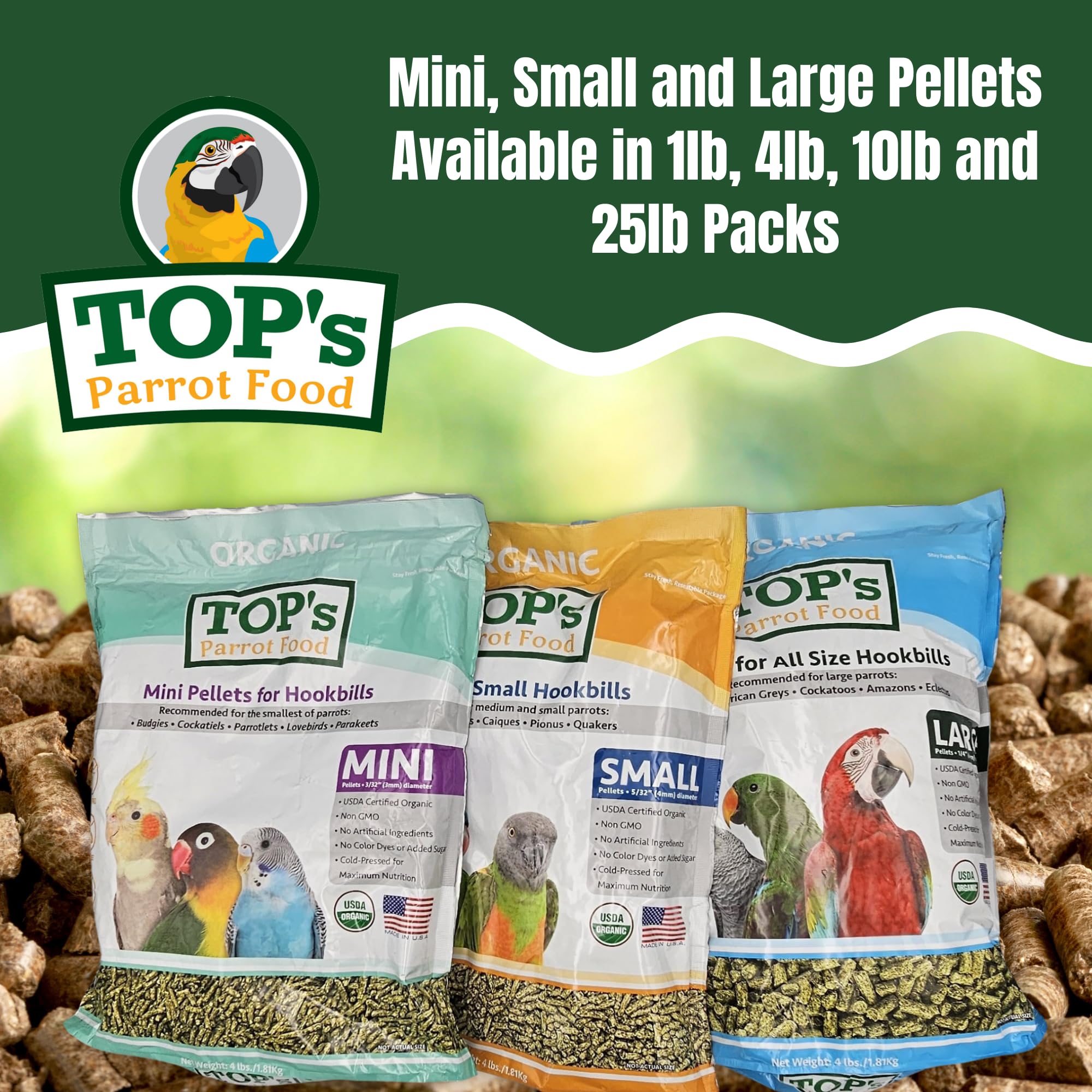 TOP's Parrot Food Pellets sin maíz, opción natural para aves.