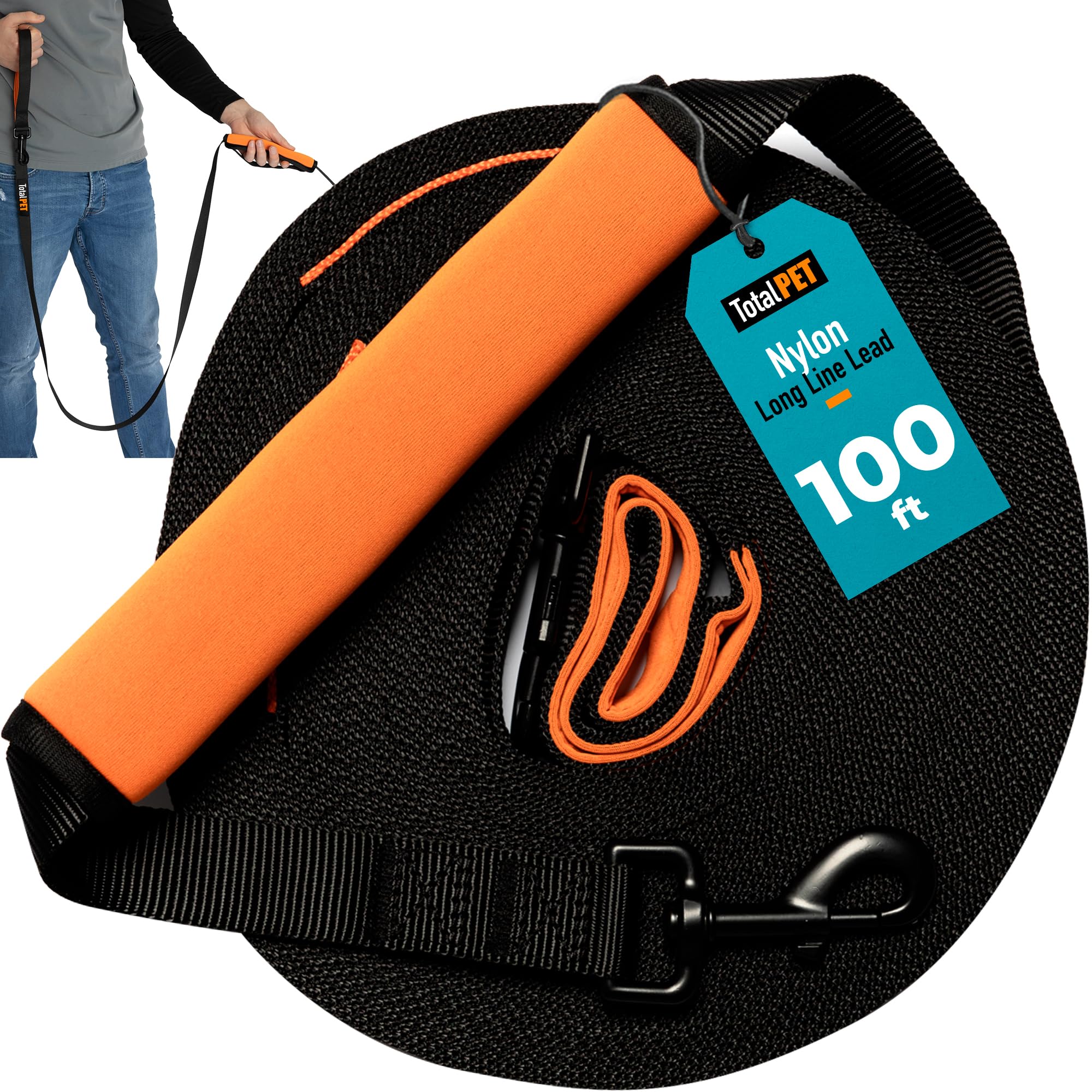 Total Pet correa larga para perros 100 ft, ideal para entrenamiento a distancia.