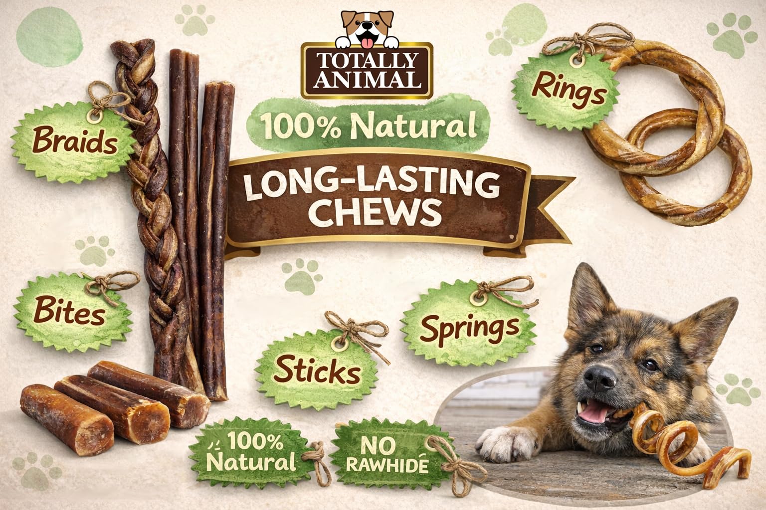 Totally Animal Palitos de res para perro, textura gruesa y sabrosa para masticar