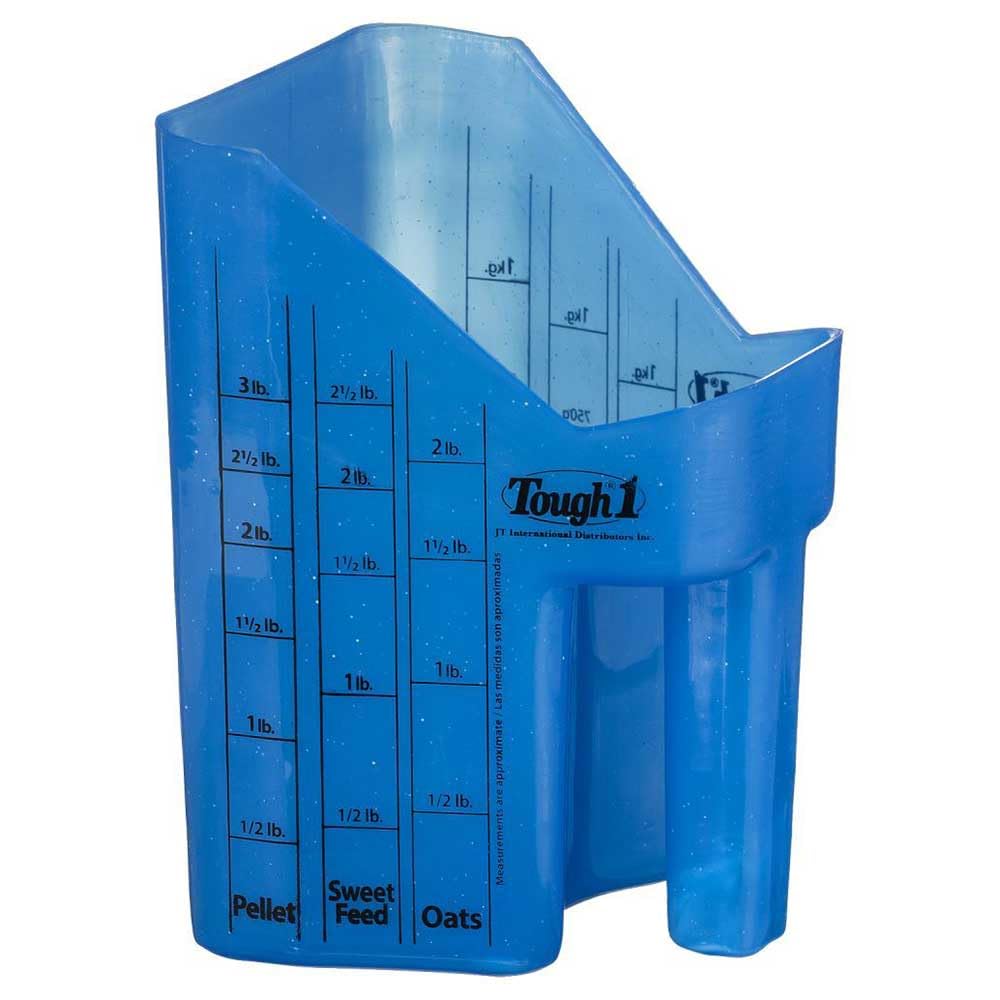 Cuchara medidora Tough-1 para pellets y forraje con medidas claras.