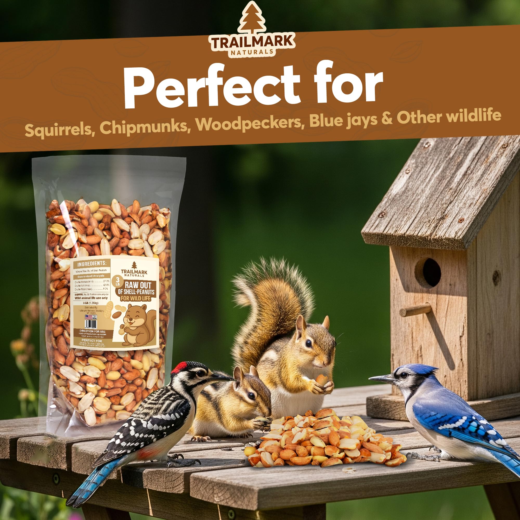 Trailmark Naturals cacahuates crudos con origen en Estados Unidos, opción natural para fauna