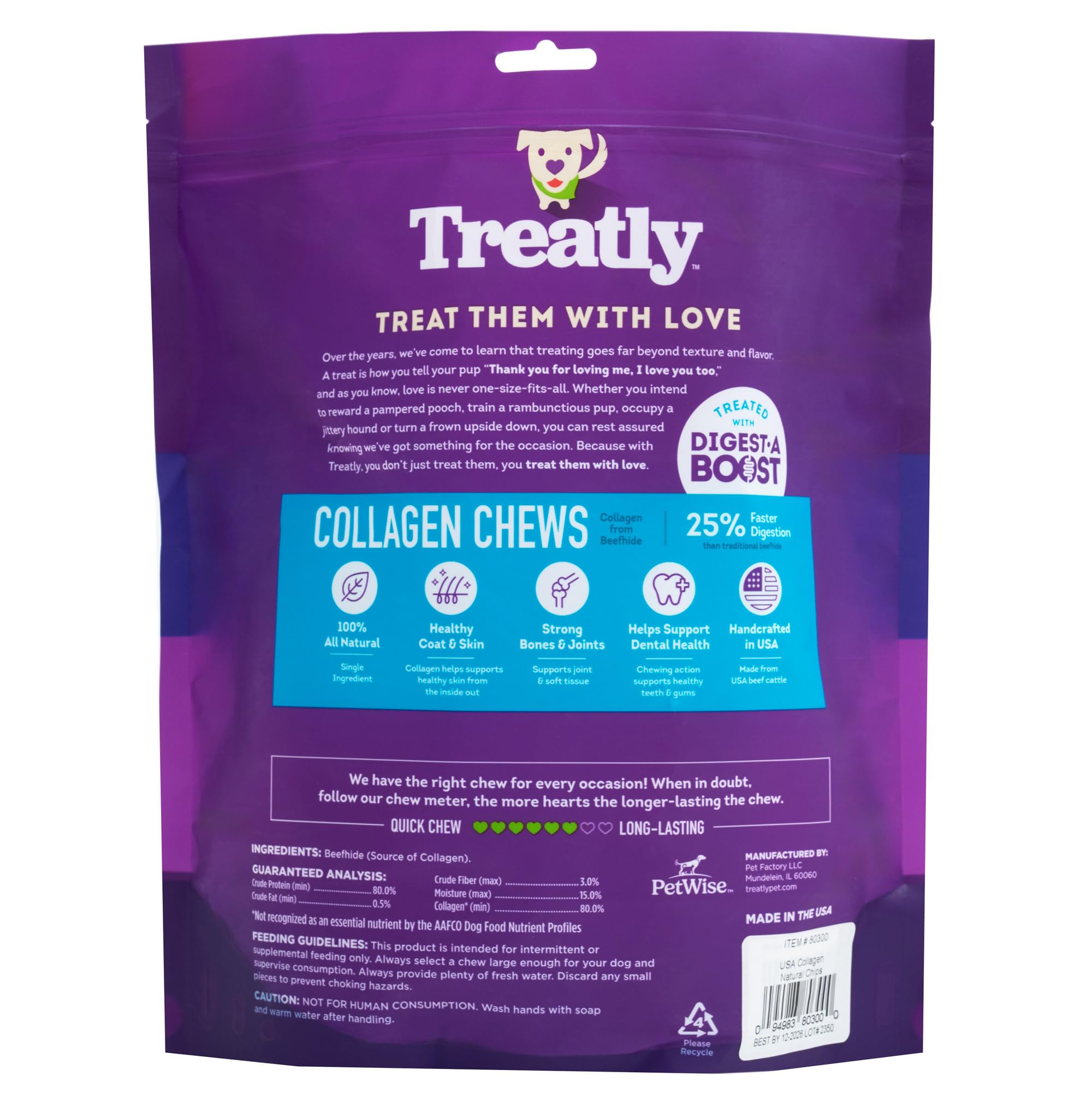 Texture crujiente de Treatly Collagen Chips, ideal para perros activos.