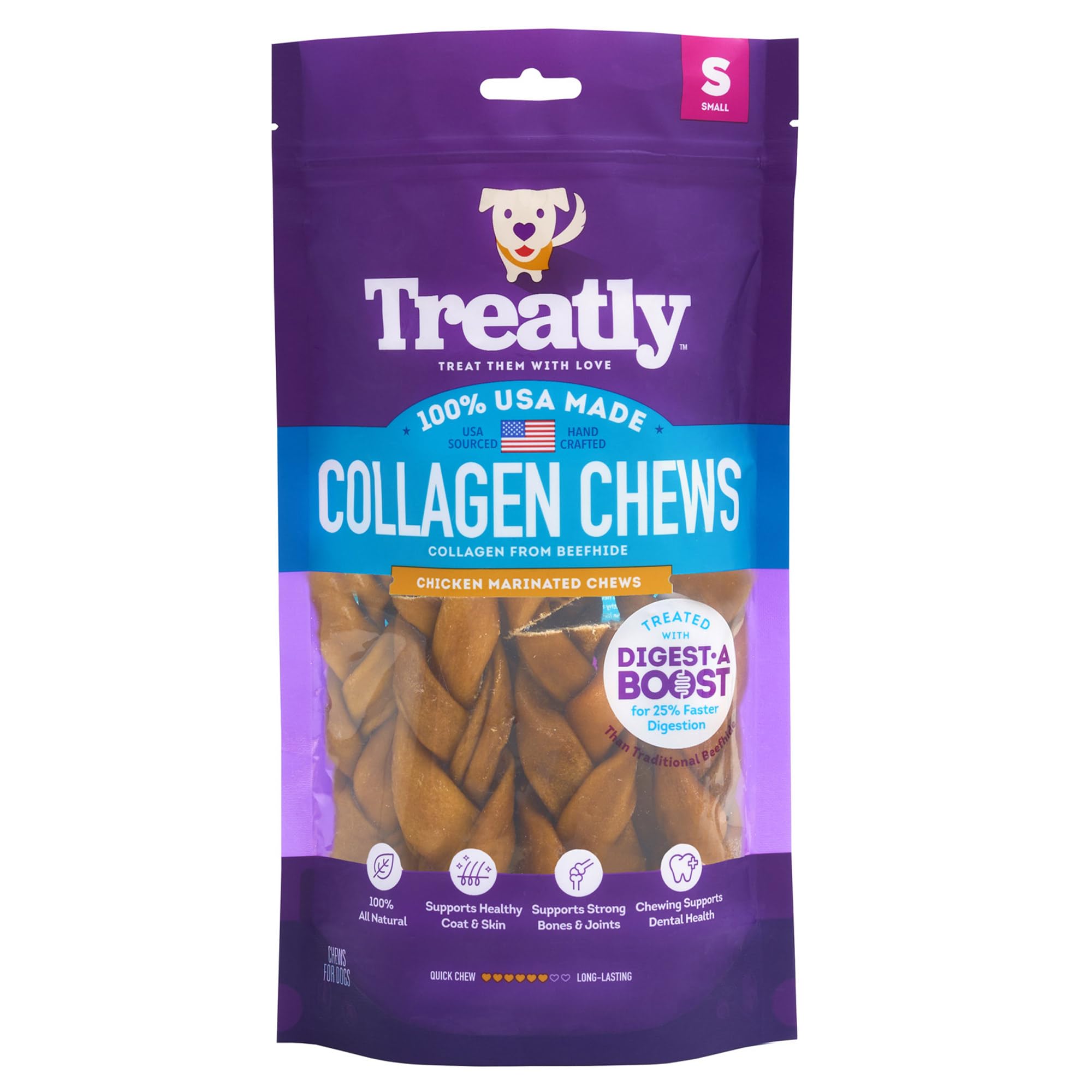 Treatly nudos-trenzados de piel de res con colágeno, sabor pollo, ideal para masticar.