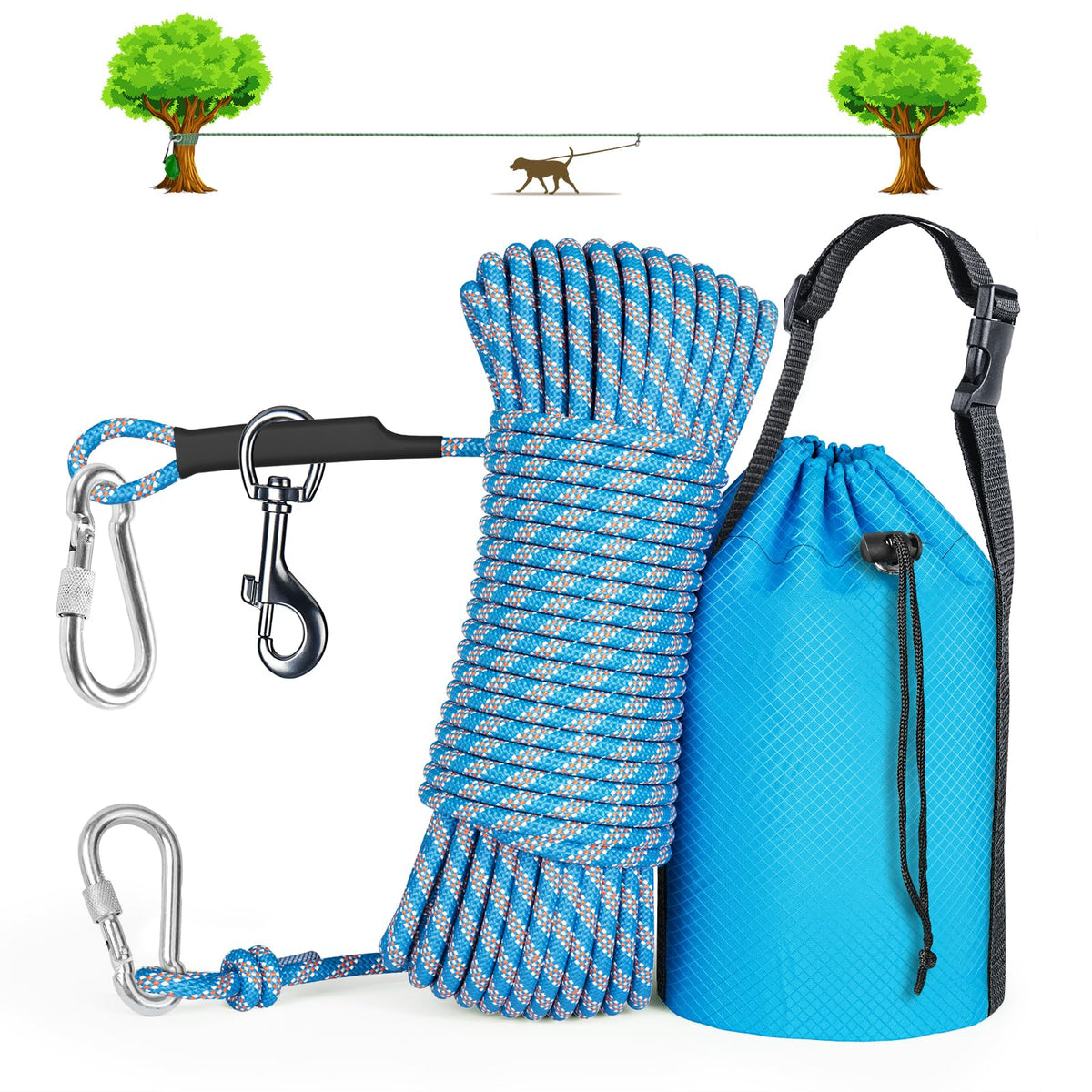 Tresbro cuerda de camping para perro 50 pies, fácil de llevar en senderismo.