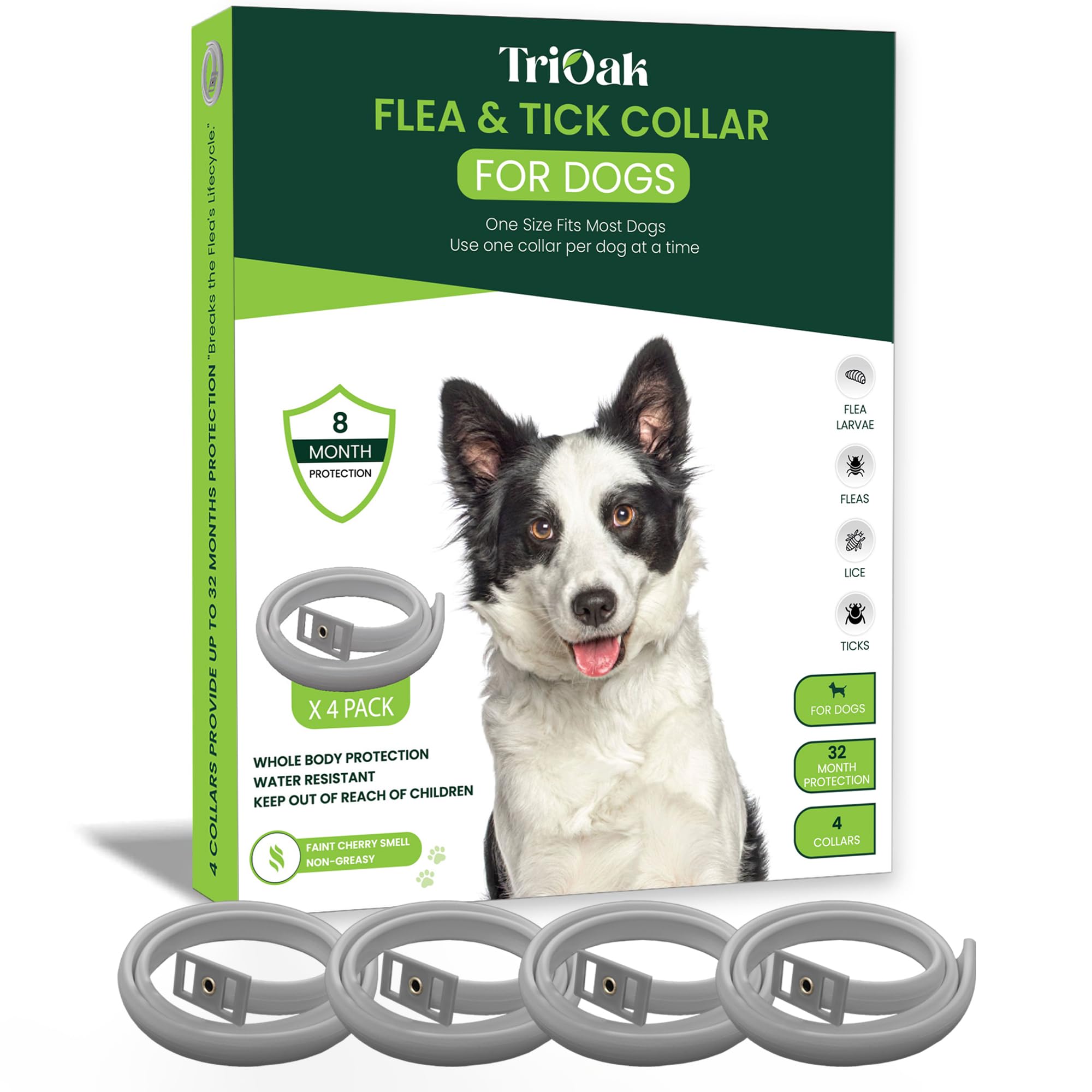 TriOak collar antipulgas y garrapatas para perros ajustable gris, protección diaria.