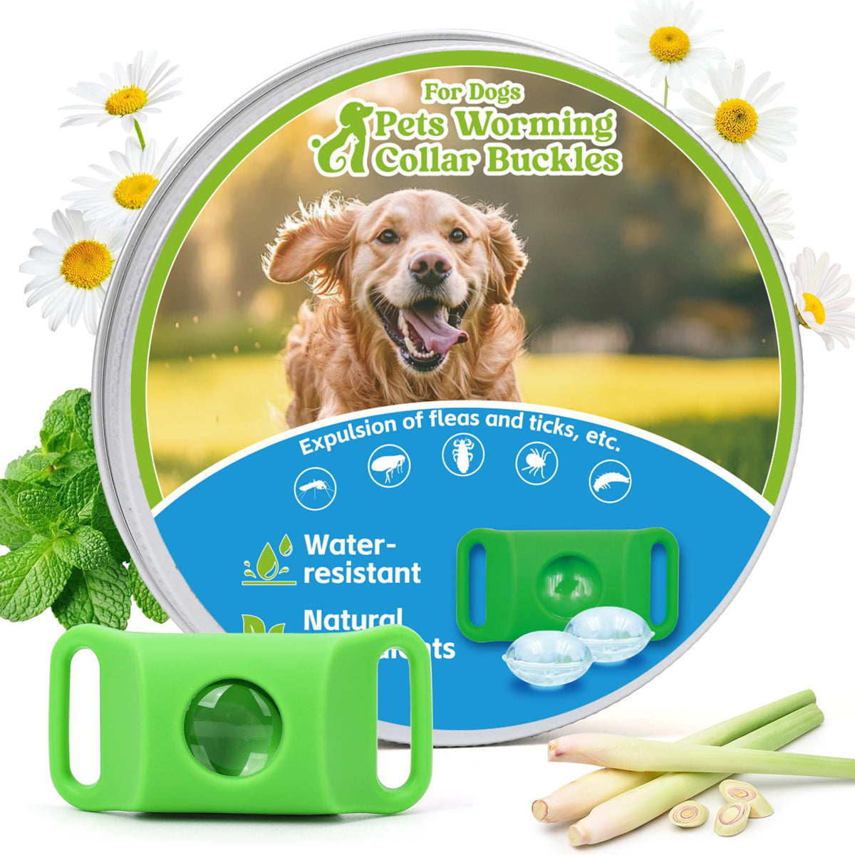 Etiqueta Trihood antipulgas para perros, primer plano verde, protección natural para paseos.