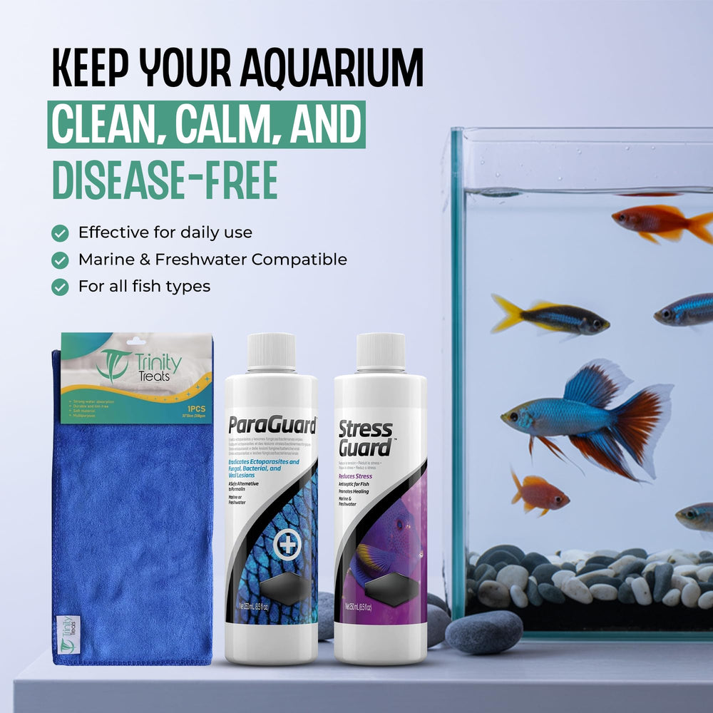 Conjunto Trinity Treats para cuidado diario del acuario, limpieza y protección.