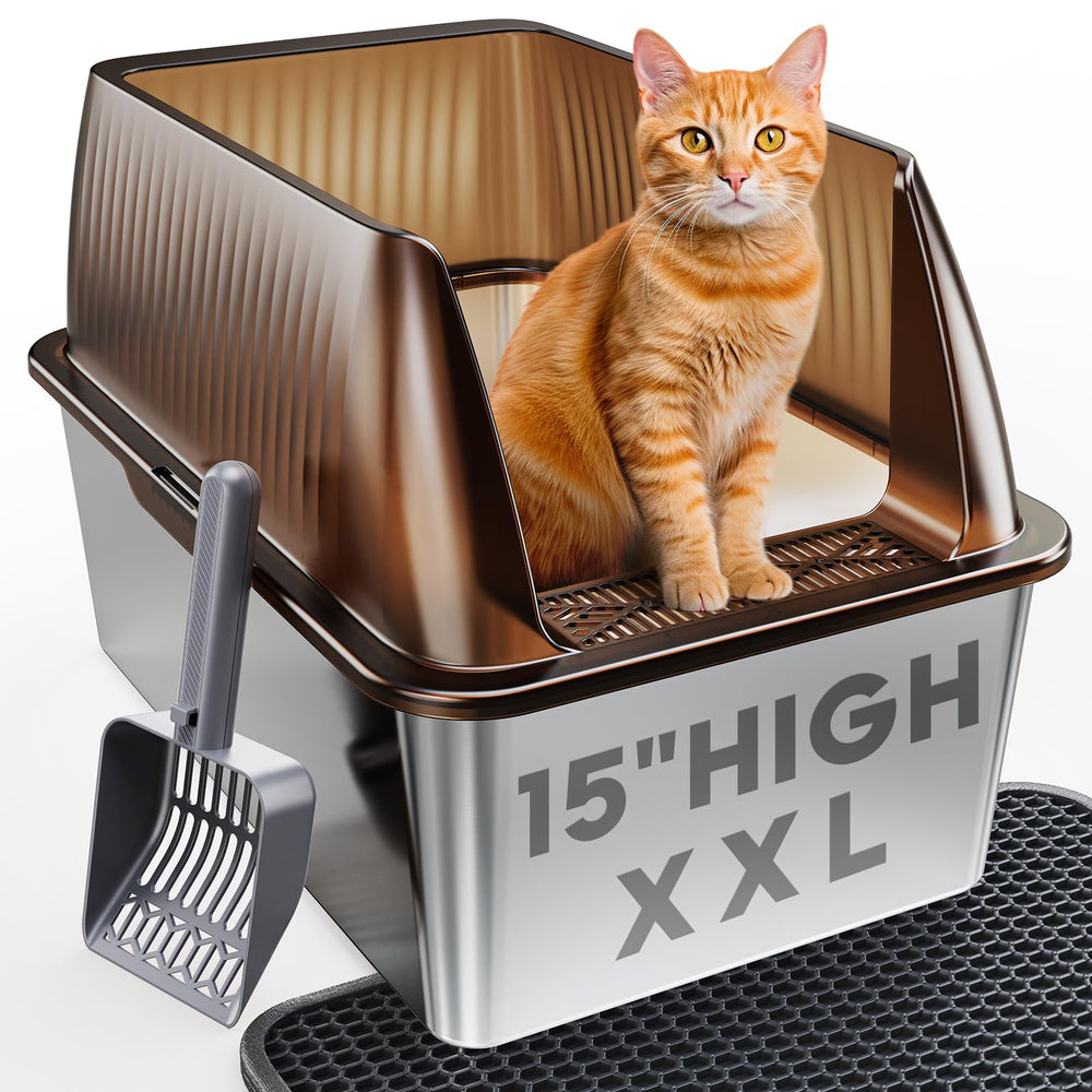 Tripamin caja de arena XL en acero inoxidable, frente, amplio espacio para gatos grandes.