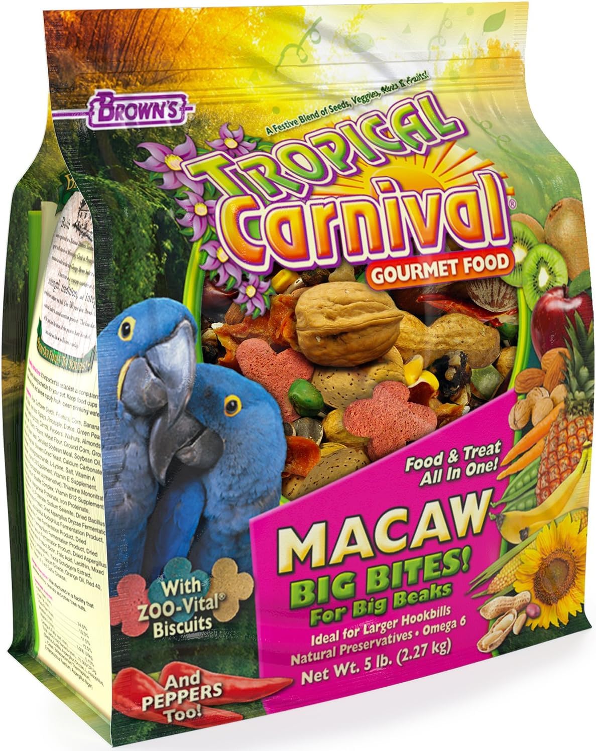 Tropical Carnival Big Bites para guacamayos en empaque, conservación de nutrientes
