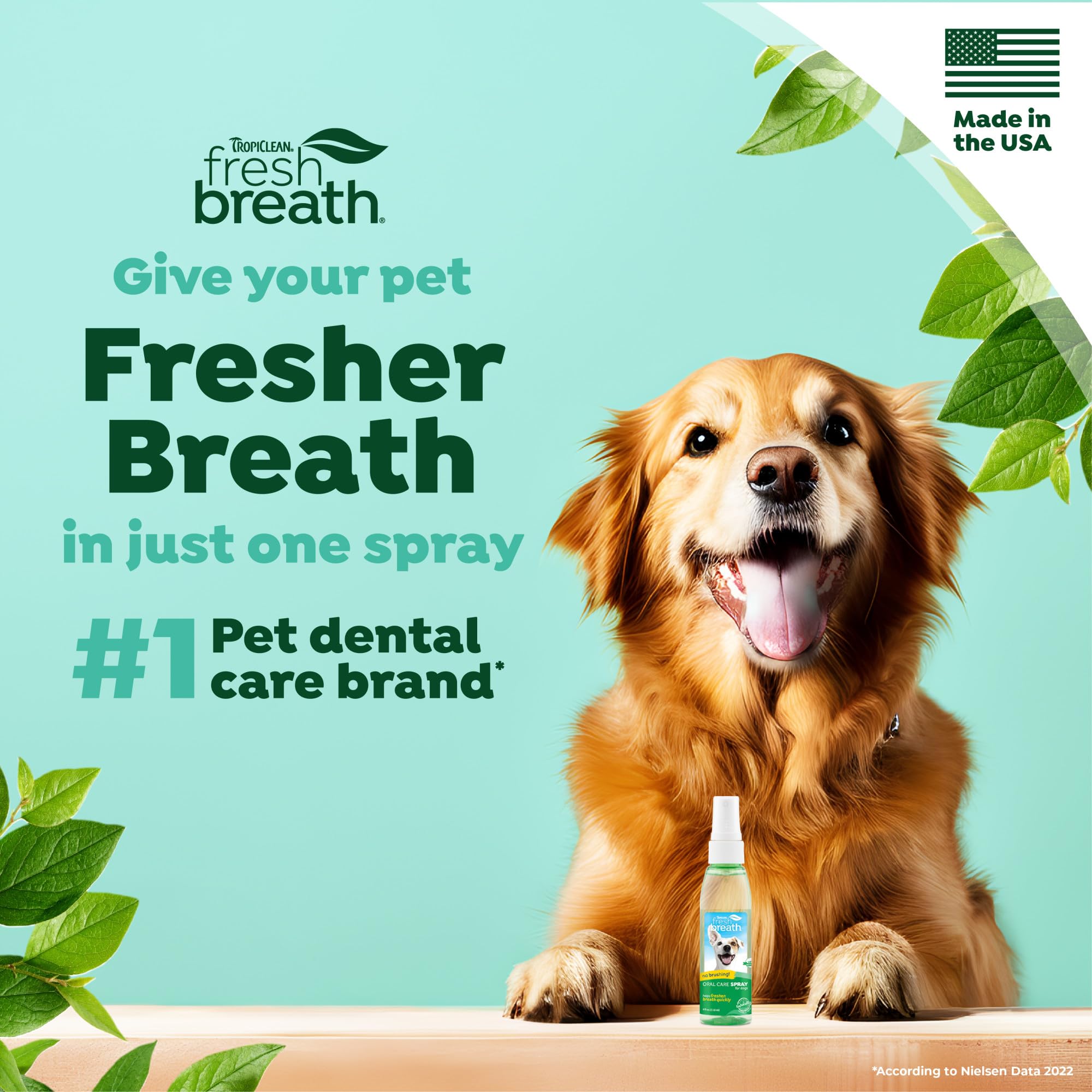 TropiClean aliento fresco para perros y gatos, menta refrescante que complementa la rutina dental.