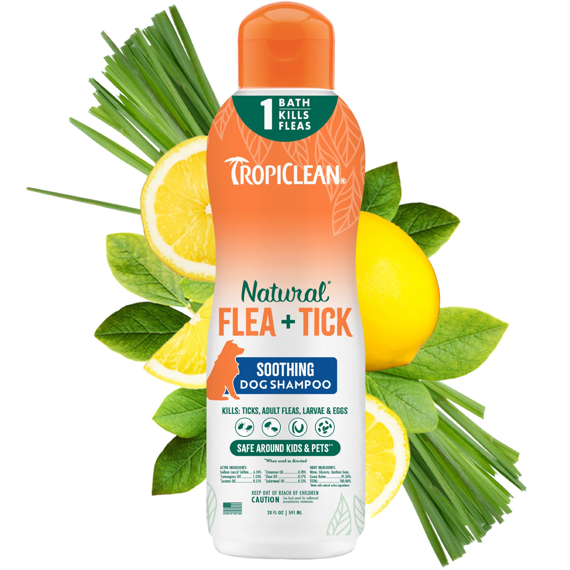 TropiClean champú calma para pulgas en perros grandes, suave y refrescante durante el baño.