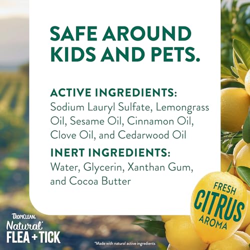 TropiClean champú calma para pulgas en perros pequeños, cuidado suave y aroma cítrico.