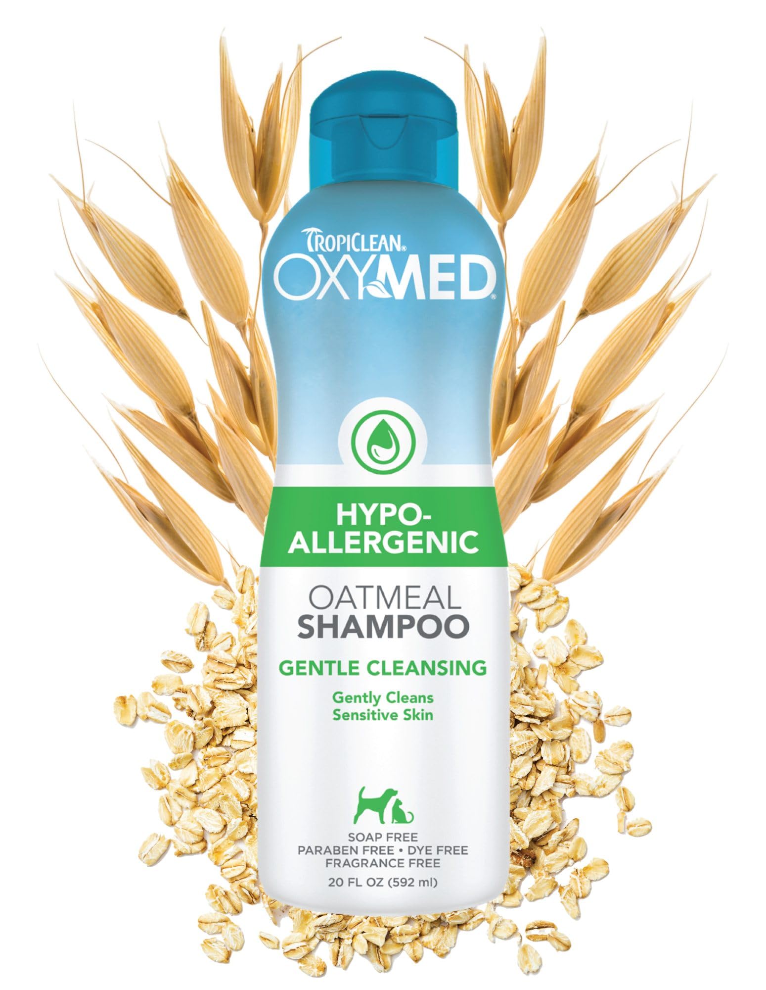 TropiClean OxyMed Champú para perros, botella de cuidado suave para piel sensible.