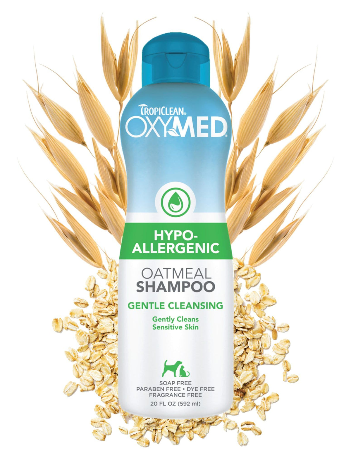 TropiClean OxyMed Champú para perros, botella de cuidado suave para piel sensible.