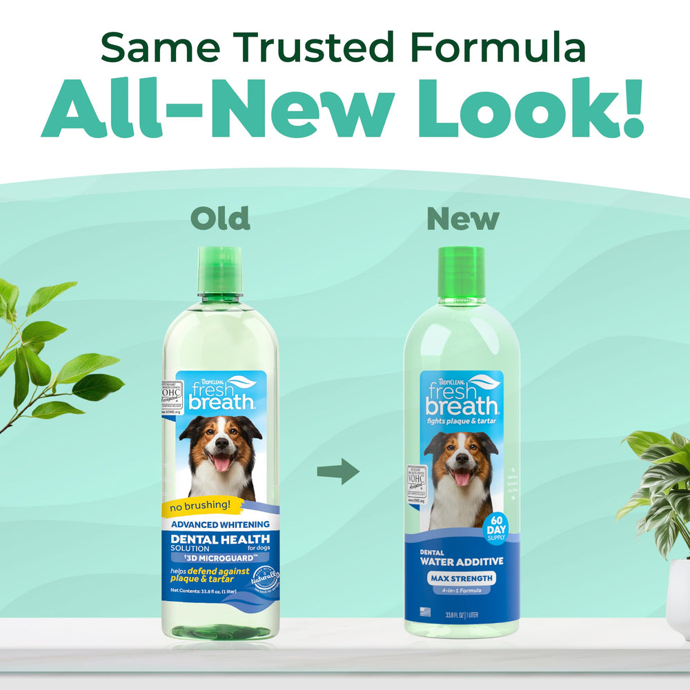 TropiClean envase de 33.8 oz: solución de agua para cuidado dental de perros.
