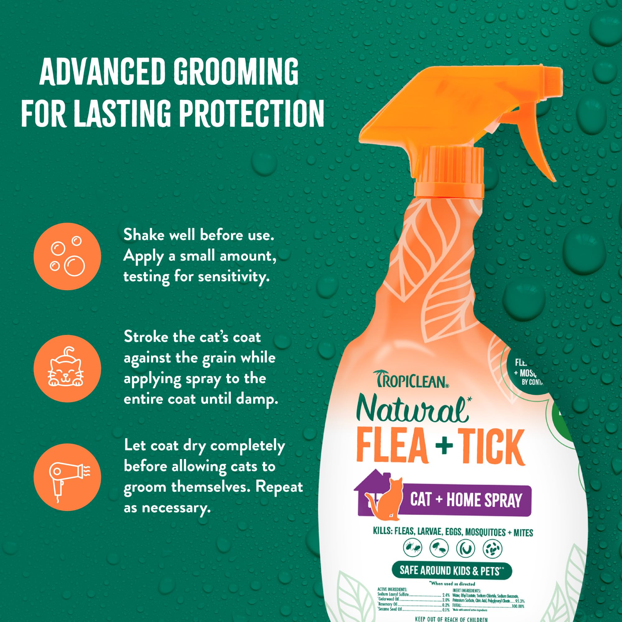 TropiClean spray ingredientes cedro y romero, fórmula natural para gatos.