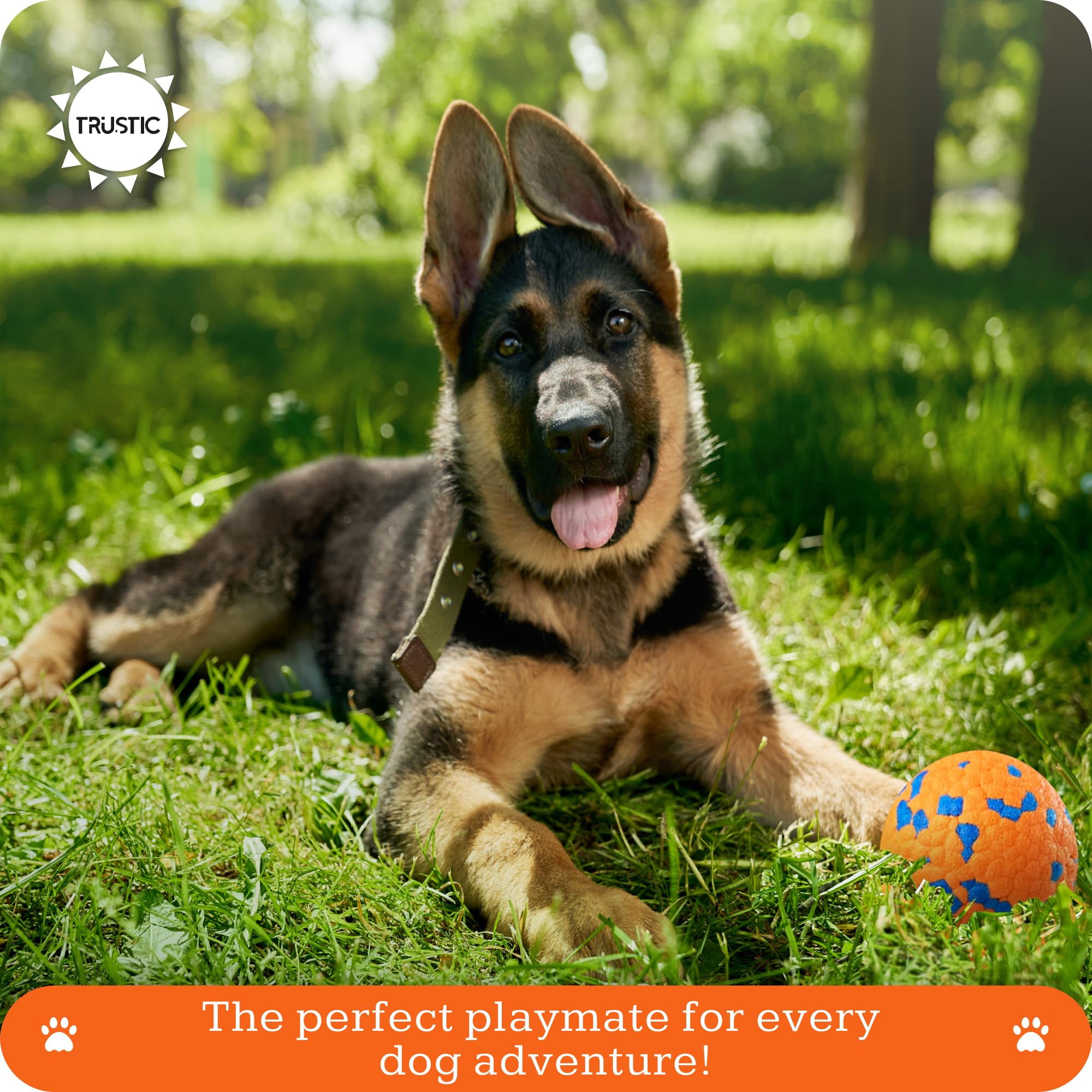 Seguridad y durabilidad con e-tpu en Trustic Foam Fetch, naranja para perros enérgicos.