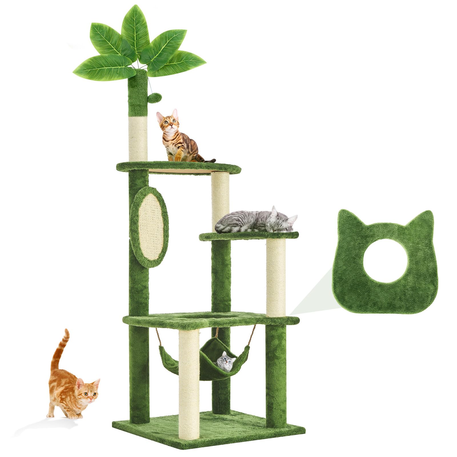 TSCOMON Árbol para gatos 61 pulgadas con hojas verdes, vista desde la plataforma alta.
