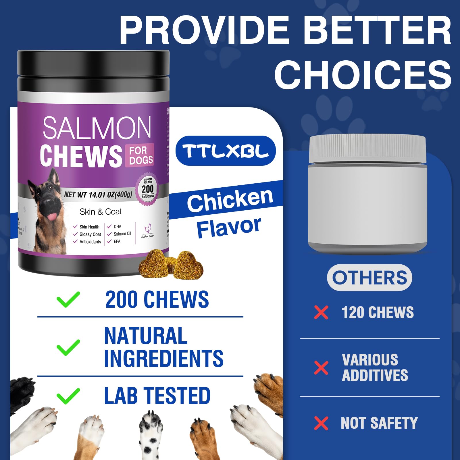 TTLXBL uso diario de Omega-3 para perros, pelaje y bienestar general.