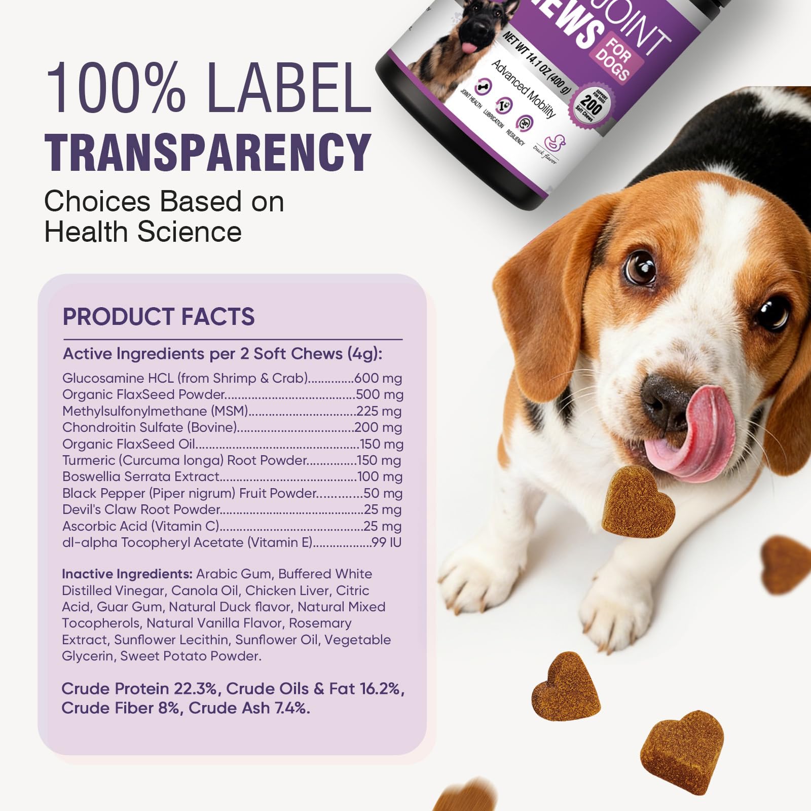 Aroma pato suave que facilita la aceptación de TTLXRL glucosamina para perros.