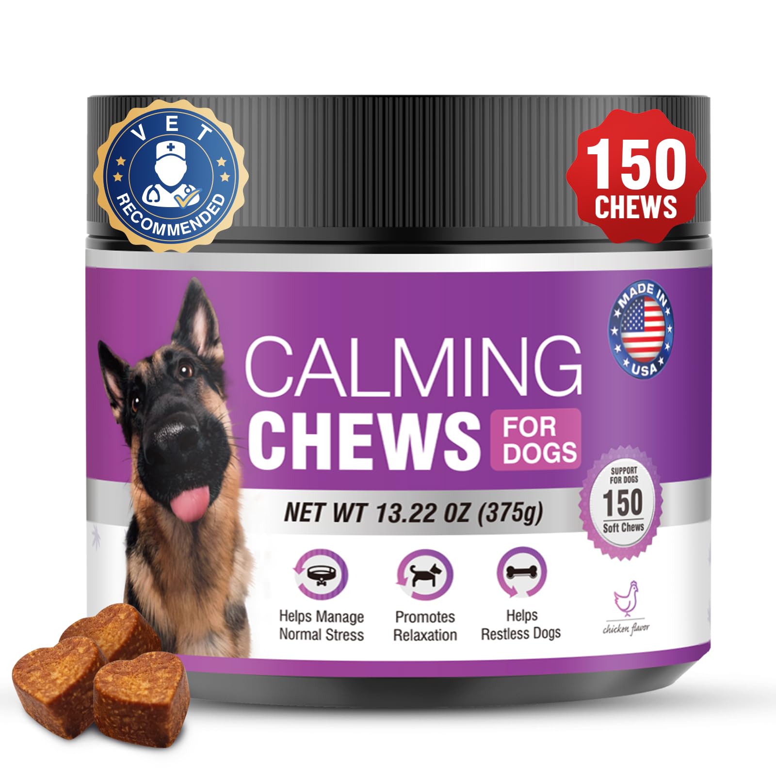TTLXRL Hemp Calming Chews, bote de 150 piezas para perros, ayuda a la calma ante estrés.